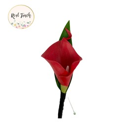 Angel Isabella Boutonniere - Artificial Real Touch Calla Lily with Black Ribbon and Rose Petal (Red Petal)