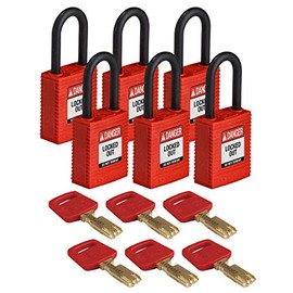Brady SafeKey Nylon Padlock, Nylon Shackle, 38mm x 84mm x 19mm, Red, Pack of 6