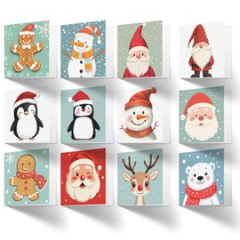 Paper Play Merry Christmas Cards with Envelopes 36 Pack (12 Cute Designs) - 3x3 Inches Bulk Christmas Cards with Envelopes & Matching Stickers - Set of 36 Small Christmas Cards, Mini Christmas Cards