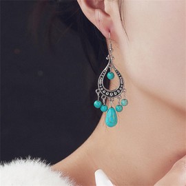 coadipress Bohemian Turquoise Beaded Tassel Earring for Women Ethnic Chandelier Boho Beads Earrings Hollow Out Turquoise Beaded Statement Earrings Ethnic Style Jewelry Gifts (Turquoise Beaded Tassel)