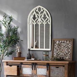 XIAOAIKA Vintage Gothic Arched Window Mirror, Distressed White Cathedral Wall Decor for Living Room, Entryway, or Bedroom – Rustic Farmhouse Accent, 16'' x 31.5''