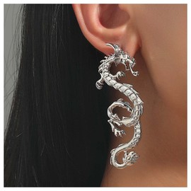 Yheakne Vintage Dragon Drop Earrings Gold Dragon Dangle Earrings Exaggerated Dragon Earrings Ancient Dragon Stud Earrings Jewellery for Women and Girls （Silver）