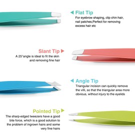 HAWATOUR Tweezers Set, 4Pcs Eyebrows Tweezers with Leather Case for Women and Men, Great Precision for Eyebrow, Ingrown Hair, Splinter, Facial Hair Removal, Multicolored