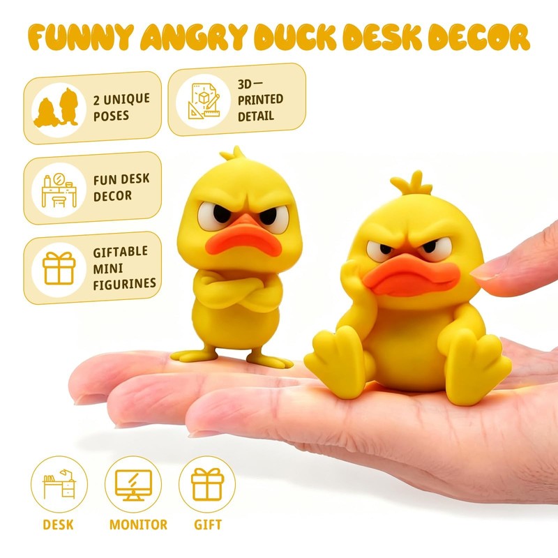 Nexalithix 2-Pack Funny Angry Duck Figurines, 3D Printed Little Yellow