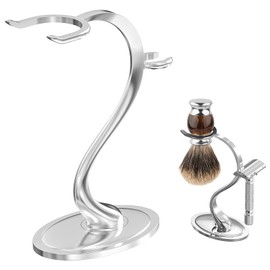 Linkidea Razor Holder Stand, Stainless Steel Shaving Brush Holder with Non-Slip Base, Safety Shaver Kit Organizer for Shower Room Bathroom (Chrome)