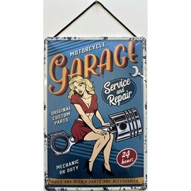 Blechschild With Cord 30 x 20 cm Motorcycles Garage - Service and Rapair - Original Custom Parts - Mechanic on Duty 24 Hours - Blechemma