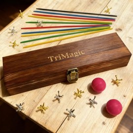 TriMagic Metal Jacks Game and Pick Up Sticks Set in Wooden Gift Box for Kids and Adults, 2-in-1 Classic Retro Vintage Games Old School Toy for Family,