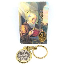 C BC Brass colour metal St. Benedict keyring 8cm Christian gift key ring Catholic