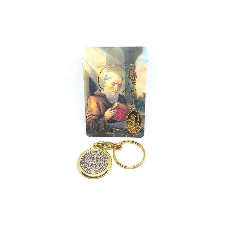 C BC Brass colour metal St. Benedict keyring 8cm Christian