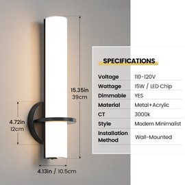 AIJIASI Wall Sconce Light - Modern Black Bathroom Light Fixtures Wall Sconces Set of Two Dimmable LED Sconce Lighting, 15W 3000K Indoor Wall Light with Acrylic Shade for Bedroom Stairway Living Room