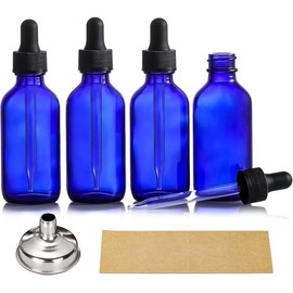 4 Pack 2 oz Dropper Bottles with 1 Funnel and 4 Labels 60ml Thick Dark Amber Glass Tincture Bottles with Eye Droppers Leakproof Essential Oils Bottles - Color: Blue