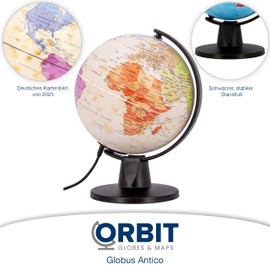 ORBIT Globes & Maps - Retro Globe - 16 cm Mini Globe in Antique Vintage Style with Sturdy Black Base, Map Picture 2026 Political, Current German Map Image