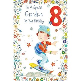 Paper Rose Special Grandson 8th Birthday Card - Age 8 - Boy on Skateboard with Foil Details - Eco-Friendly and Recyclable