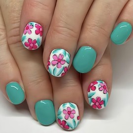 Pink Flowers Press on Nails Short Square Fake Nails Green White False Nails with Floral Designs Full Cover Stick on Nails Acrylic Spring Summer Artificial Nails for Women Glue on Nails 24 PCS