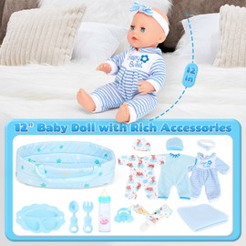 GirlDiary Baby Doll Boy Set with 3 Clothes and Accessories, Carrier Bassinet Bed, Bottle, Pretend Play Toddler Toy for Age 3 4 5 6 7 8 Years Old Children Girls Boys Gift 031