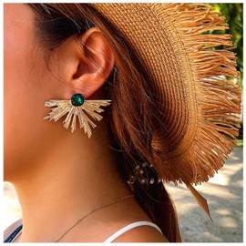 Yheakne Vintage Brass Sector Earrings Geometric Irregular Earrings Green Emerald Stud Bohemian Ethnic Earrings Jewelry for Women Girls