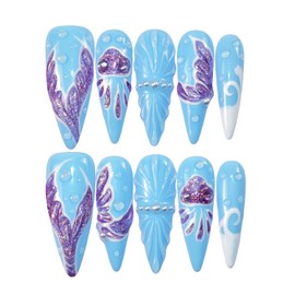 Ocean Press on Nails Handmade Purple Mermaid Jellyfish Waves Design Reusable Fake Nails Long Stiletto Size Medium