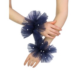Women's Mesh Tulle Fingerless Gloves Short Pearl Glove Lace Arm Sleeves for Wedding Bridal Dance Party Navy Blue