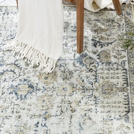 jinchan Area Rug 5x7 Washable Living Room Rug Vintage Indoor Floor Cover Retro Distressed Floral Country Boho Lightweight Non Slipv Carpet for Kitchen Bedroom Dining Room Office Blue