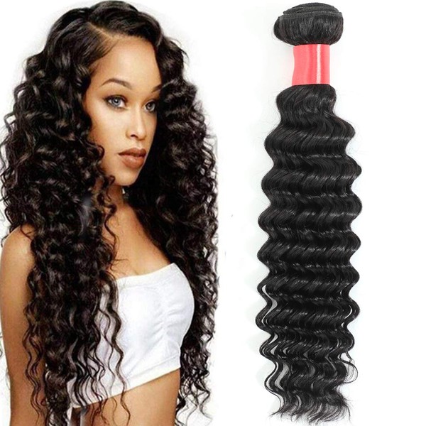 AUTTO Hair Unprocessed Brazilian Virgin Human Hair Deep Wave One Bundle 28inch Virgin Human Hair Deep Wave Weave Extension Natural Black (100+/-5g)/pc Can be Dyed and Bleached