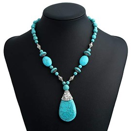 Rockyu Turquoise Women's Simple Natural Stone Necklace, Round Shape, Water Droplet, Prayer Beads, Turquoise Necklace, Sweater Chain, Choker Necklace, 15.7 + 2.0 inches (40 + 5 cm), Birthday, Popular,