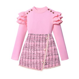 Tomolant Girls Clothes Size 12-14 Skirt Set Fall Winter Pink Long Sleeve Ruffle Top And Pink Plaid Skirt Clothes For Teen Girls 2 Piece Outfit