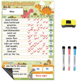 UmiiArt Magnetic Dry Erase Chore Chart for Kids - 12”x8” Behavior Responsibility Reward Chart Reusable Whiteboard Fridge Magnet with 3 Erasable Markers & Eraser (Dinosaur)