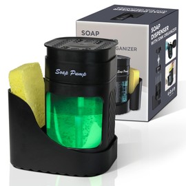 VITACHY Single Hand Soap Dispenser for Kitchen. Dishwashing Soap Pump Dispenser and Sink Organizer Sponge Holder Black Kitchen and Bathroom Accessory