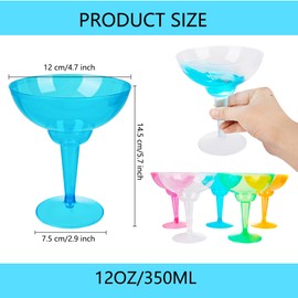 Faytark 48 Pcs 12 oz Plastic Margarita Glasses Multicolor Stemmed Cocktail Cup Classic Unbreakable Mexican Theme Cups for Carnivals Birthday Wedding Party Champagne Bar Club Cocktail Prom