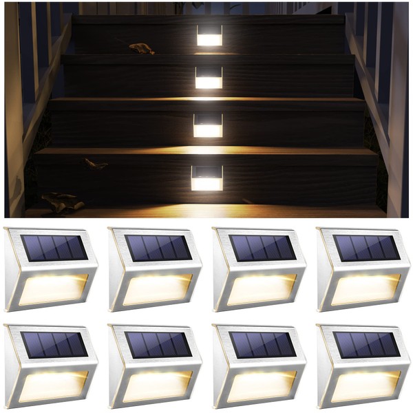 JACKYLED Solar Fence Lights Outdoor Warm White, 8 Pack Stainless Steel Solar Powered LED Outdoor Solar Deck Lights, Dusk to Dawn Waterproof Outdoor Step Lighting for Stairs Steps Paths Patio