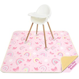 High Chair Floor Mat, Splash Mat, Floor Protection Mat for Baby, Washable, Waterproof, Non-Slip Splash Guard Mat, Pink Rainbow, 107 x 117 cm