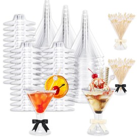 FYSUIMU 80 Pack 7oz Plastic Martini Glasses with Pearl Cocktail Picks and Black Champagne Bow Disposable Goblet Clear Stemmed Wine Cup for Margarita Dessert Bachelorette Bridal Shower