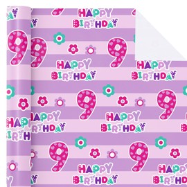 WRAPAHOLIC 9th Birthday Wrapping Paper - Mini Roll - 17 Inch x 33 Feet - Pink Happy Birthday with Floral Design for Party, Holiday