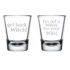 MIP Set of 2 Shot Glasses 1.75oz Shot Glass Gift For Couple Bride and Groom, Wedding, Princess, Engagement, Anniversary I'm Not A Witch I'm Your Wife