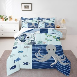 Cute Octopus Comforter Set Navy and Blue Bedding Set for Kids Girls Women Adults Underwater World Comforter Whale and Turtle Quilted Duvet Set Bedroom Collection Twin Size 2Pcs