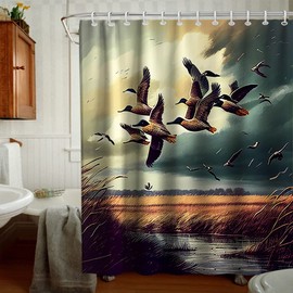 Final Friday Rustic Shower Curtains Wild Ducks Hunting Flying Theme Cloth Fabric Bathroom Decor Sets with Hooks Waterproof Washable 72 x 72 inches Brown and Teal