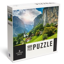 Lauterbrunnen, Switzerland, Mountain Village Under Cliff and Waterfall (1000 Piece Puzzle, Challenging Jigsaw Puzzle for Adults, Made in USA)