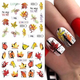 Vezocim Nail Art Stickers Decals, Holographic Fall Maple Leaf Nail Water Transfer Decal Designs, Autumn Leaves Mushroom Animals Nail Sticker for Women Girls Manicure Charm Decorations(BN2365-2376)