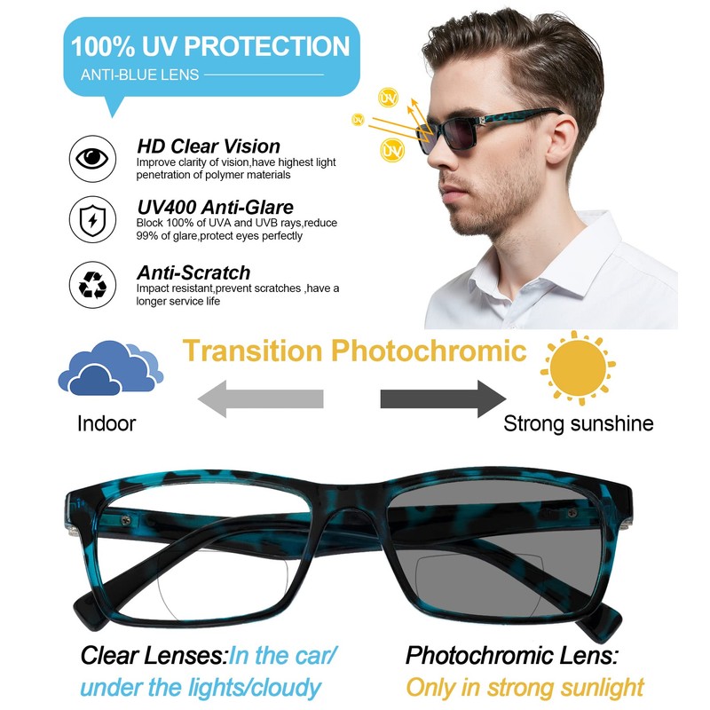 OCCI CHIARI Photochromic Bifocal Reading Glasses Mens,Transition Square UV Protection