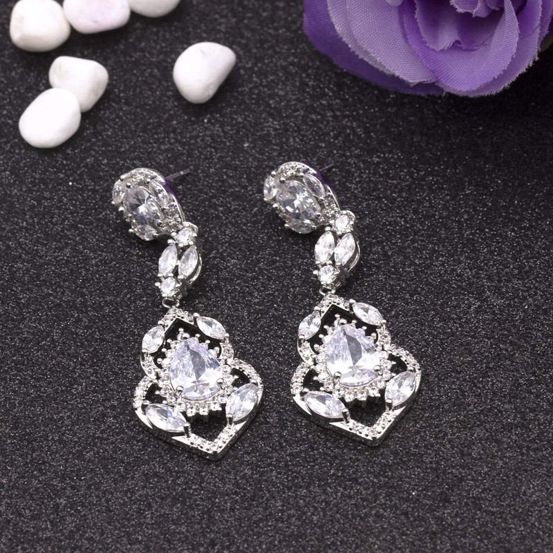 QUKE Silver Tone CZ Austrian Crystal Water Drop Bridal Wedding