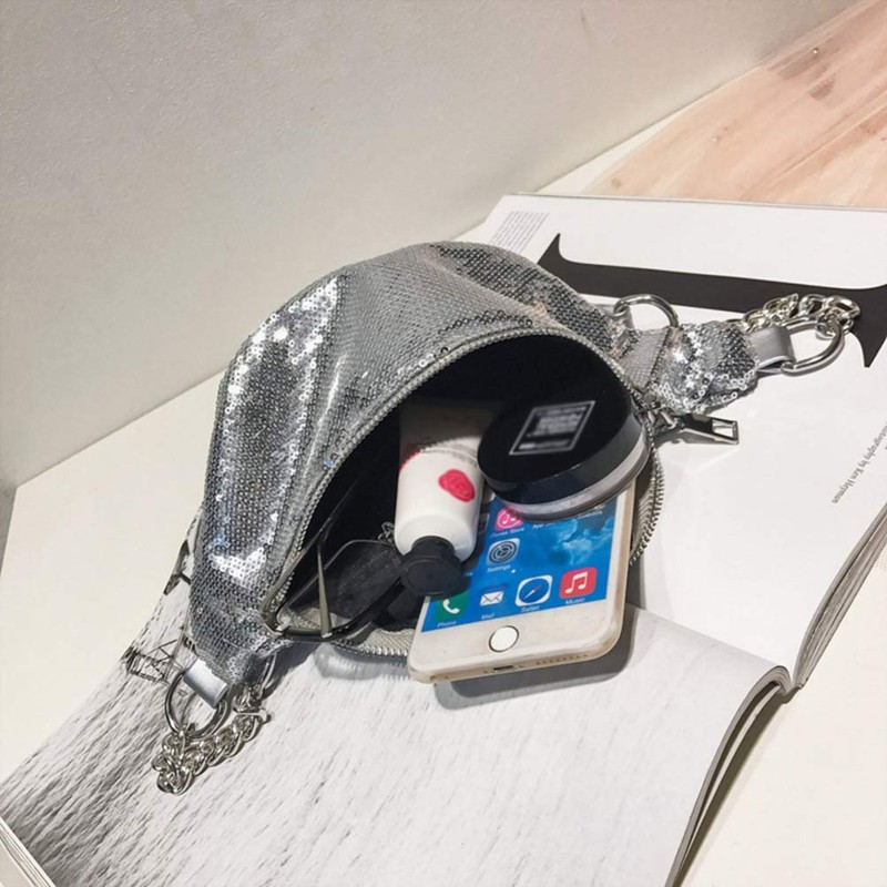 Fashion Bum Bag Silver Metallic Sequins Bag Belt Bag Sequins