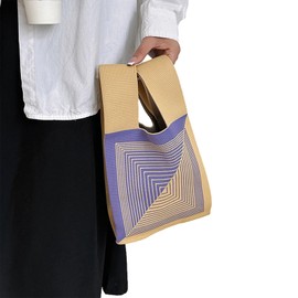 Anopo Women's Wrist Knotted Tote Bag Small Crochet Wristlet Handbag Aesthetic Cute Knit Purse Striped Purple Yellow