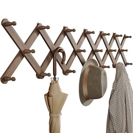 OROPY Wood Accordion Wall Hanger, Expandable Coat Rack Wall Mount with 20 Pegs, Expanding Hat Rack for Wall Walnut Color