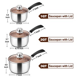 LIANYU 1QT & 2QT & 3QT Saucepan Set with Lids, 18/10 Stainless Steel Sauce Pan Cookware Sets, Kitchen Cooking Small Pots with Long Heatproof Handle, Easy Clean & Dishwasher Safe