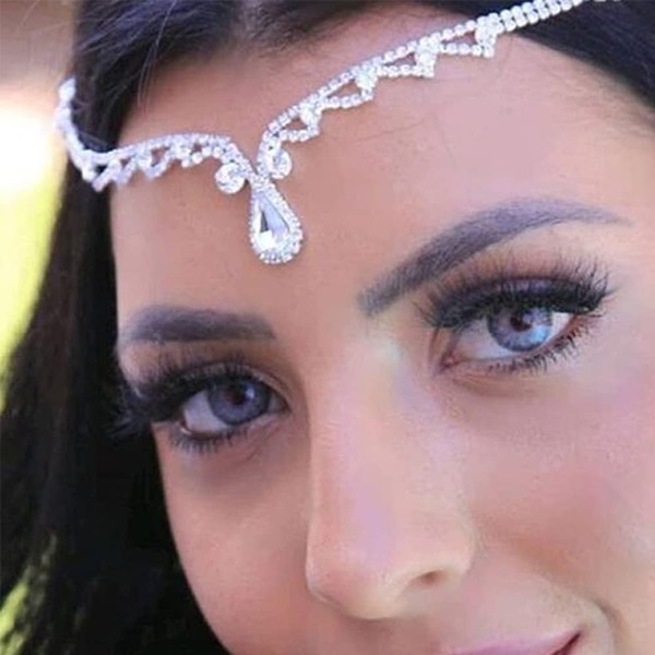 Chargances Bridal Rhinestone Forehead Head Chain Clip Wedding Crystal Teardrop Forehead Headband Silver Flower Hair Accessories for Women and Girls (Silver)