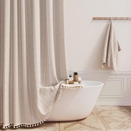 BTTN Boho Farmhouse Shower Curtain, Linen Rustic Heavy Duty Striped Fabric Shower Curtain Set with Tassel, Water Repellent, Bohemian Vintage Country Cloth Shower Curtain for Bathroom, Tan/Taupe, 72x72