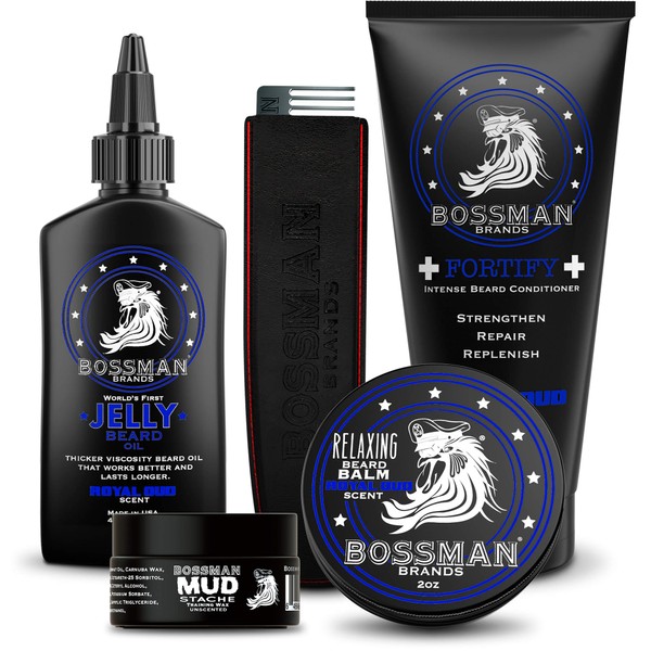 Bossman Complete Beard Kit - Men's Beard Oil Jelly, Fortify Shower Conditioner, Balm, Mustache Wax and Comb - Beard Softener, Growth, Care and Grooming Products Kit (Royal Oud)