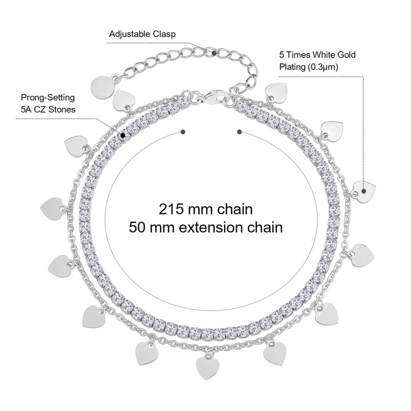 KRKC&CO 4/3 mm Women's Tennis Anklet, 14K Gold/White Gold/Rose Gold