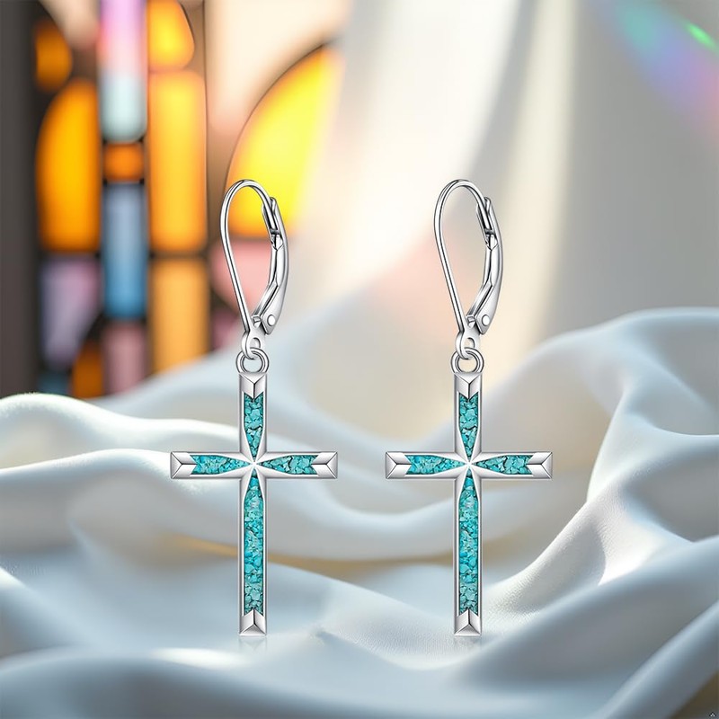 Cross Earrings for Women Sterling Silver Cross Earrings Dangle Turquoise