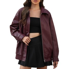 Casly Lamiit Leather Jacket Women Faux Zip Up Oversized Long Sleeve Lapel Motorcycle Biker Coats Fall Fashion Outfits Trendy Street Wear L